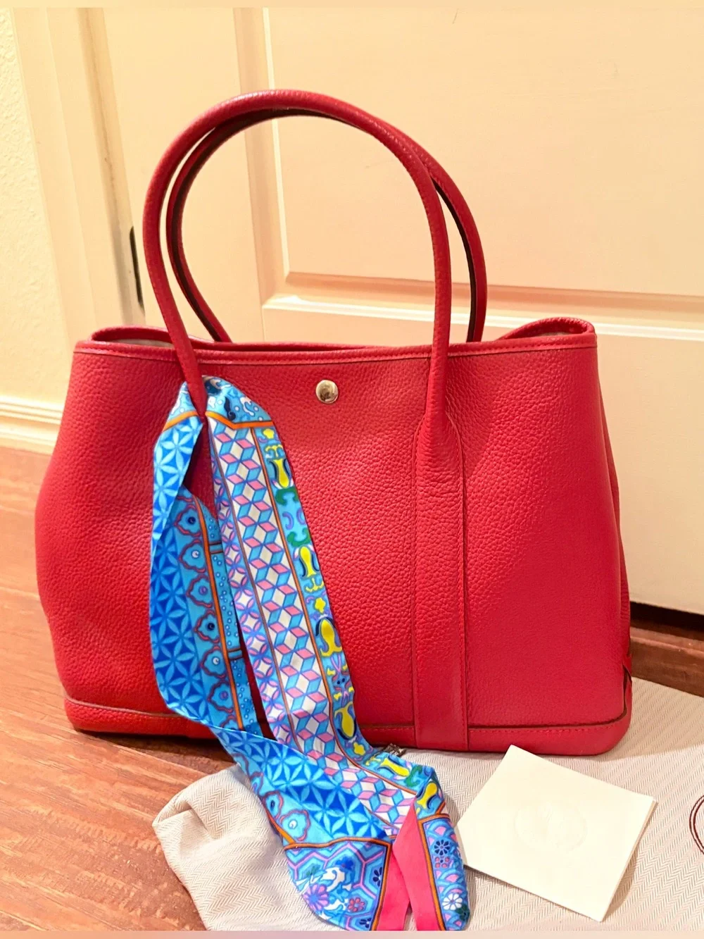 Hermes Red Leather Tote with Blue Patterned Twilly